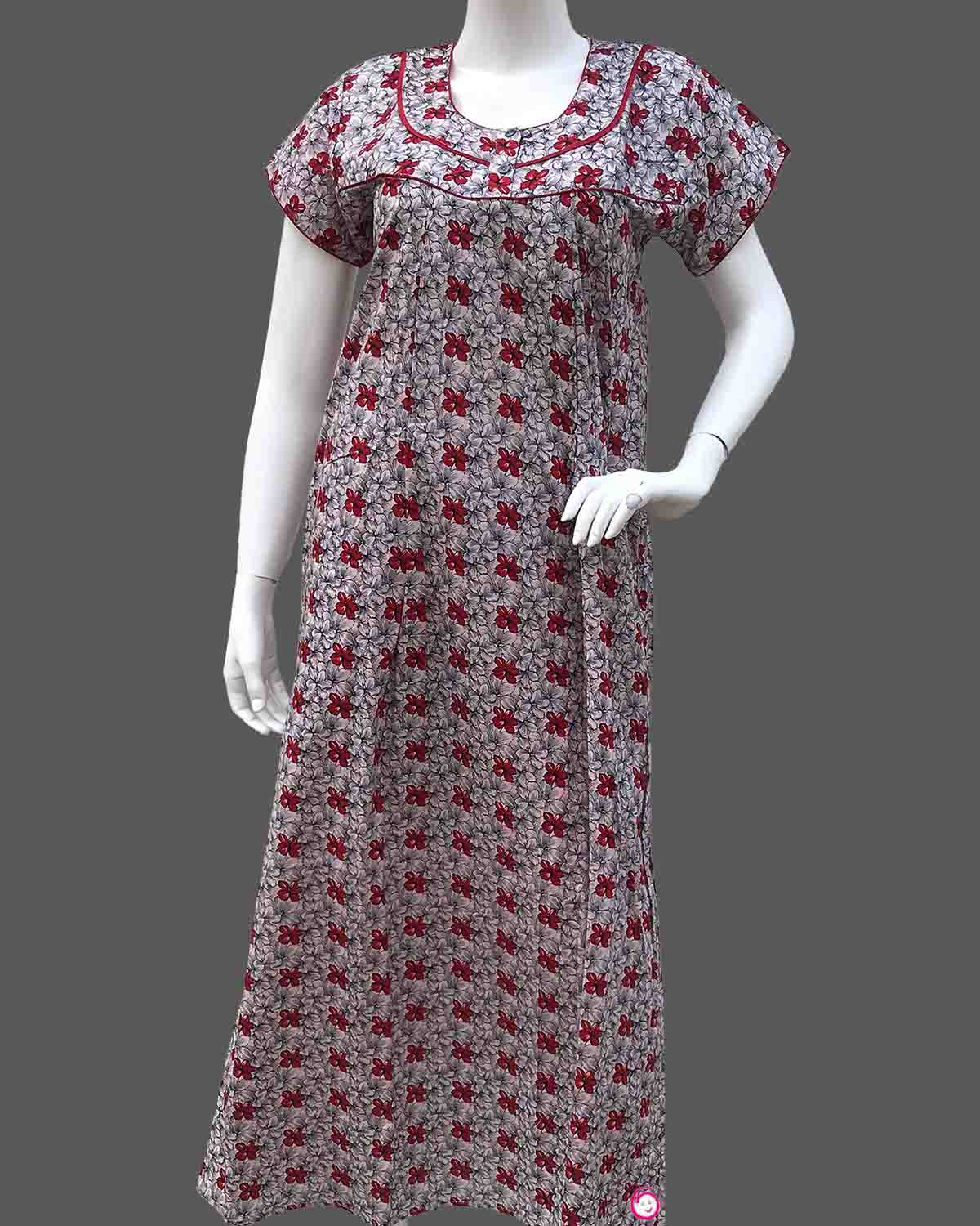 Maternity overall floral printed half sleeve nighty with zip - Red