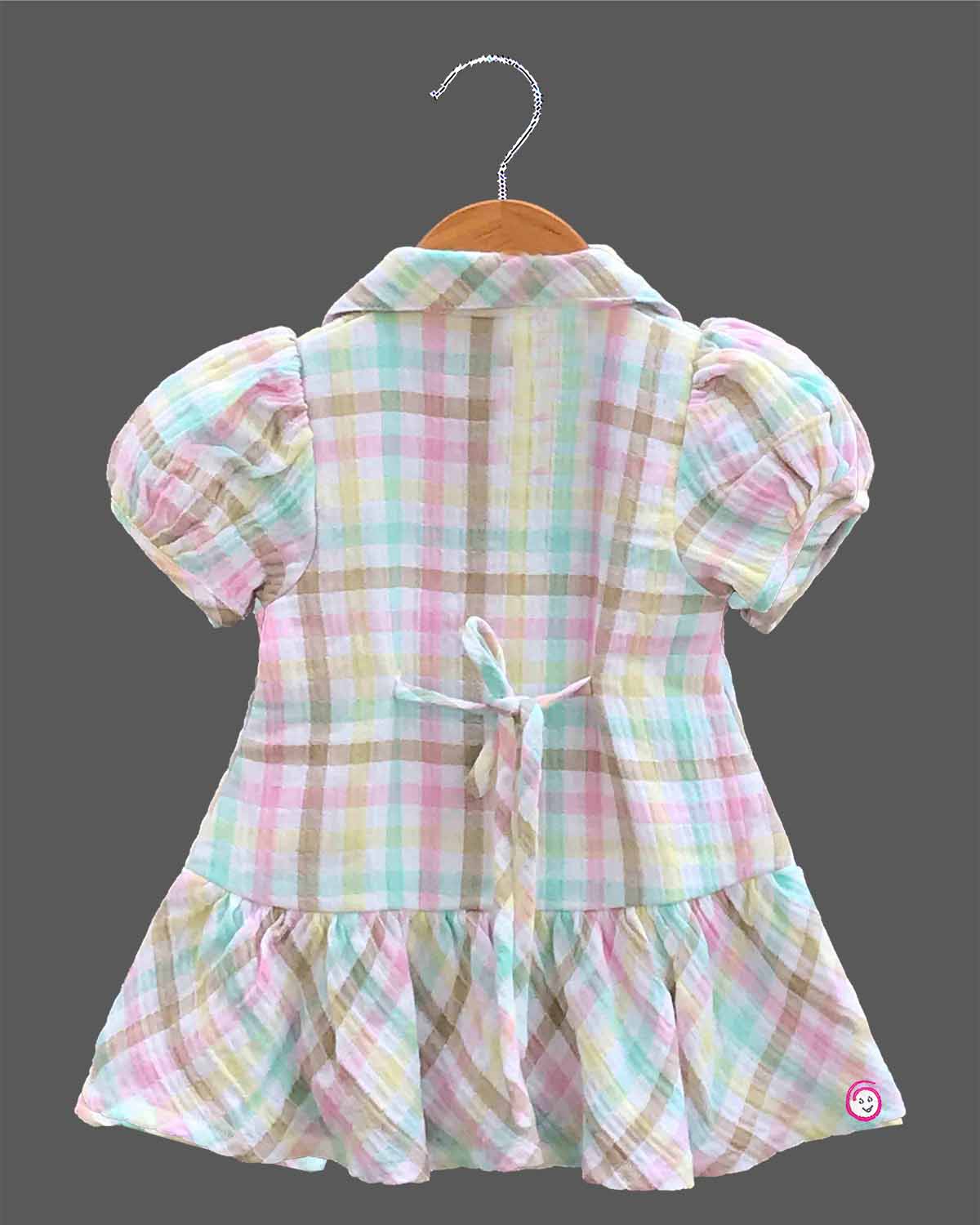 Baby girl checked cotton casual frock with peter pan collar and puff sleeves for summer picnics
