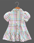 Baby girl checked cotton casual frock with peter pan collar and puff sleeves for summer picnics