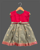 Girls silk blend embroidered box pleated frock with zari neckline detail and woven elephant motif border for kids