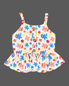 Girls strappy printed peplum top with front buttons paired with elastic waist cargo shorts and matching tie belt.