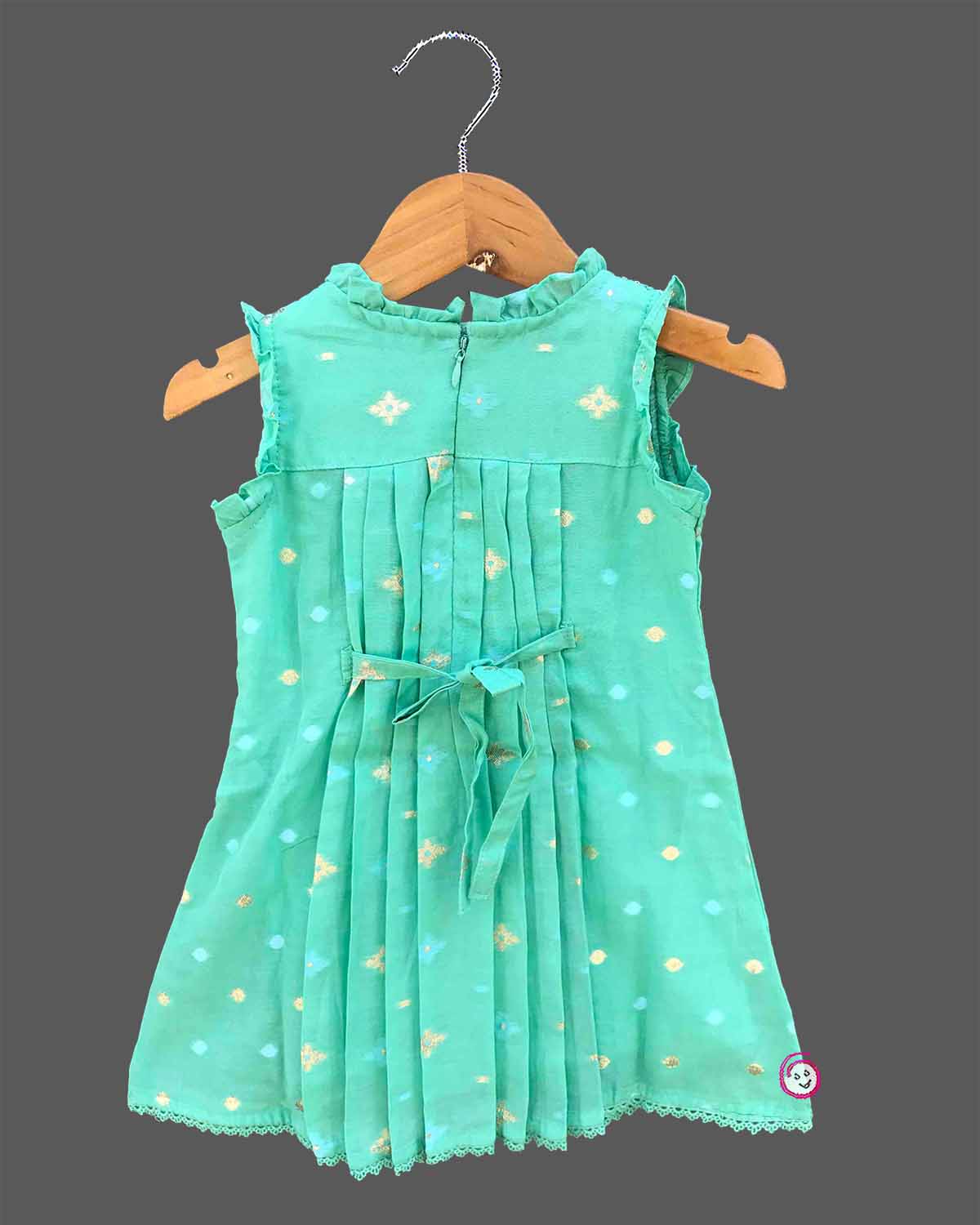 Toddler sequined chiffon frock with embroidered yoke and front pleats for festive celebration and party wear