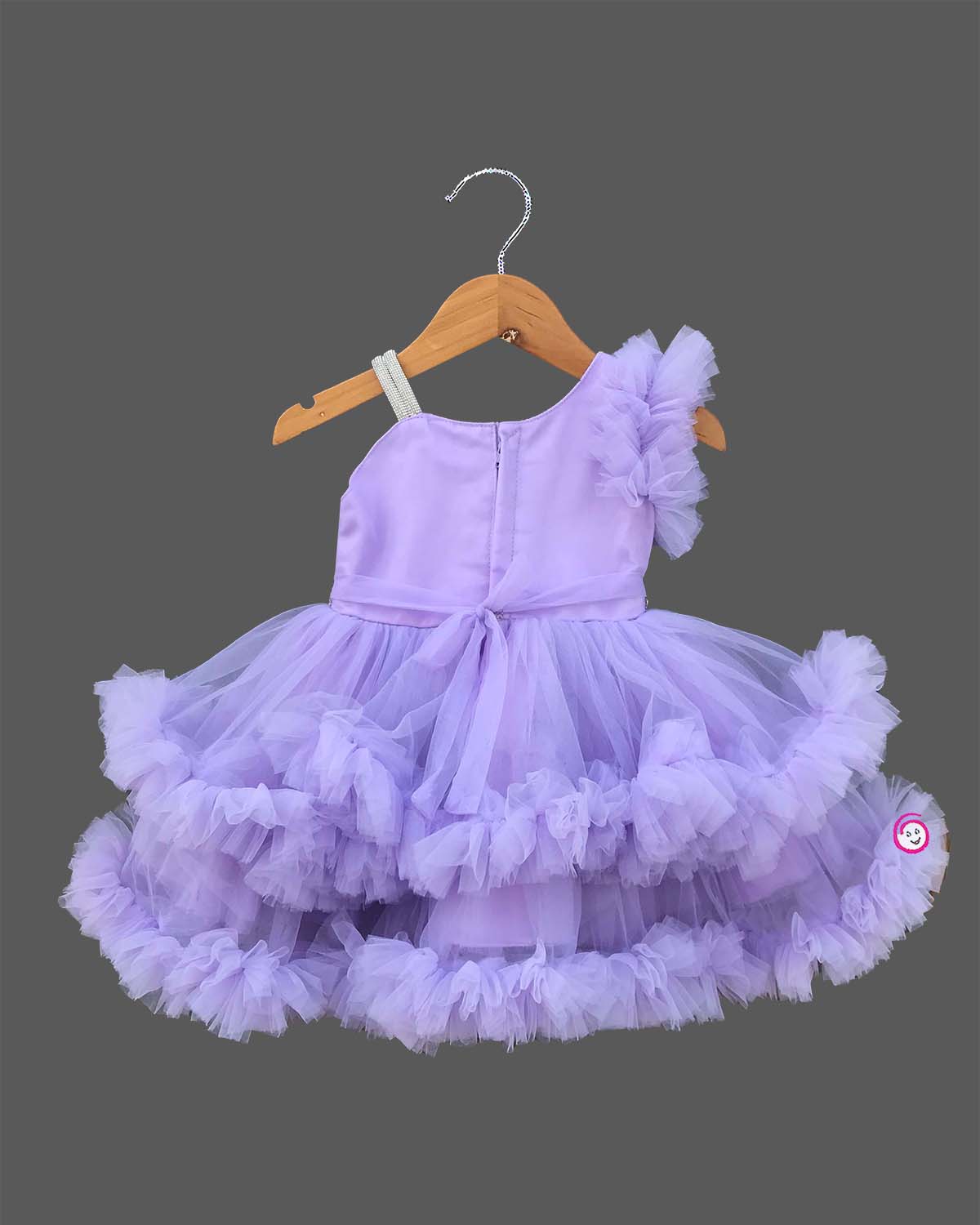 Baby girl designer one shoulder high low tail frock with tiered ruffles