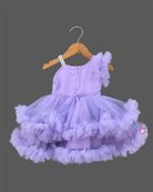 Baby girl designer one shoulder high low tail frock with tiered ruffles