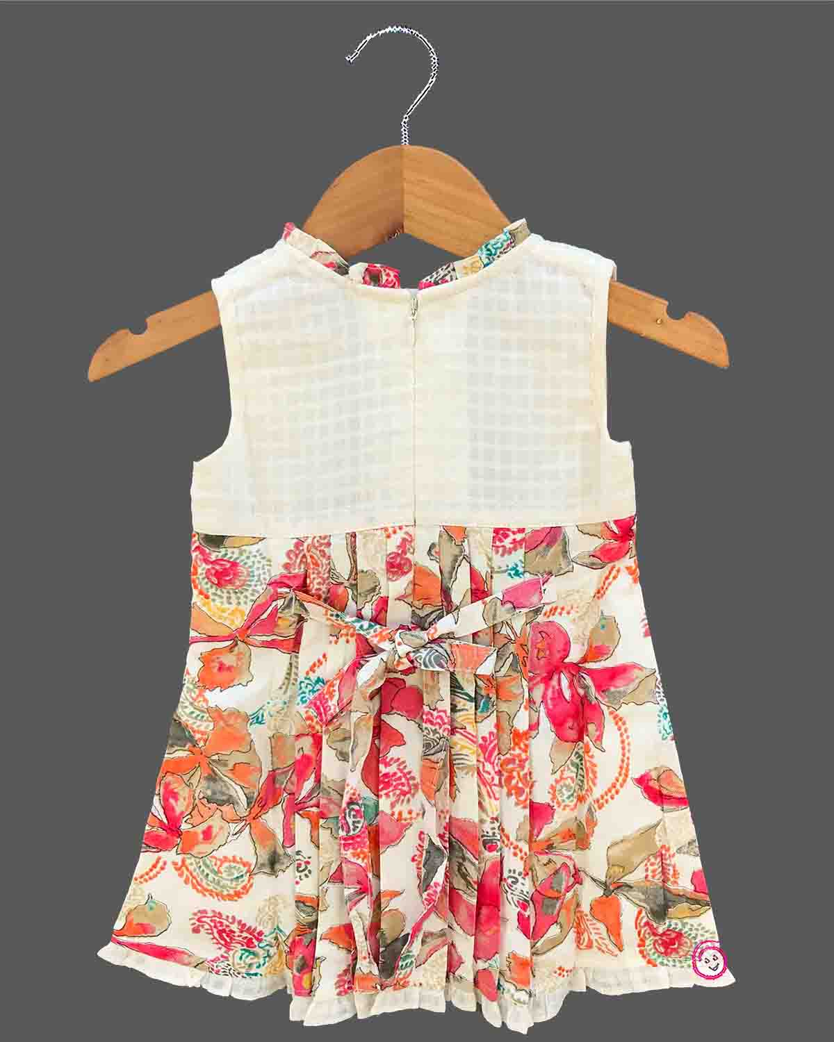Infant floral printed frock with pin tuck yoke and ruffles for day party and summer outing
