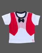 Toddler boys casual two-piece outfit featuring a short-sleeve top with a striped print and bow tie design, paired with matching elastic-waist shorts.