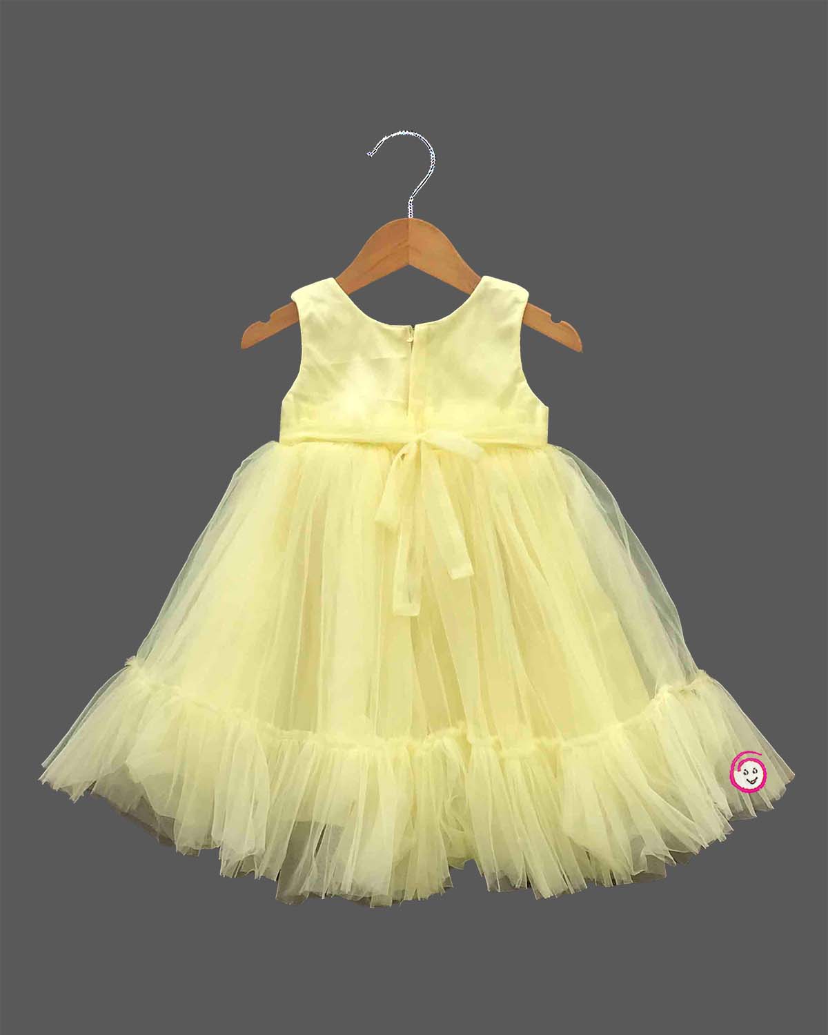 Toddler net party frock with floral appliques and flared sequin bodice for kids party wear