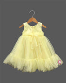 Toddler net party frock with floral appliques and flared sequin bodice for kids party wear
