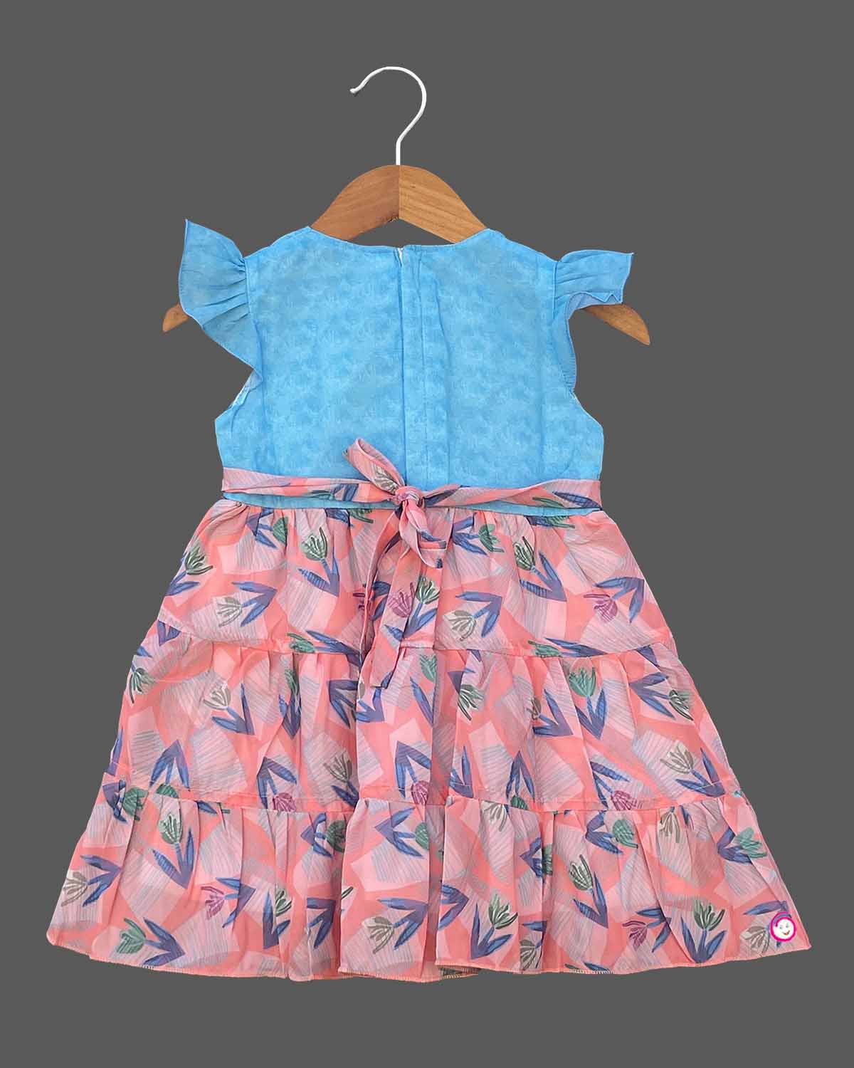 Girls leaf design printed casual frock - Sky Blue