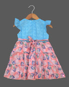 Girls leaf design printed casual frock - Sky Blue