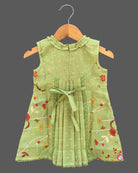 Baby girl floral embroidered frock with round neck and tassel tie for family function and birthday party