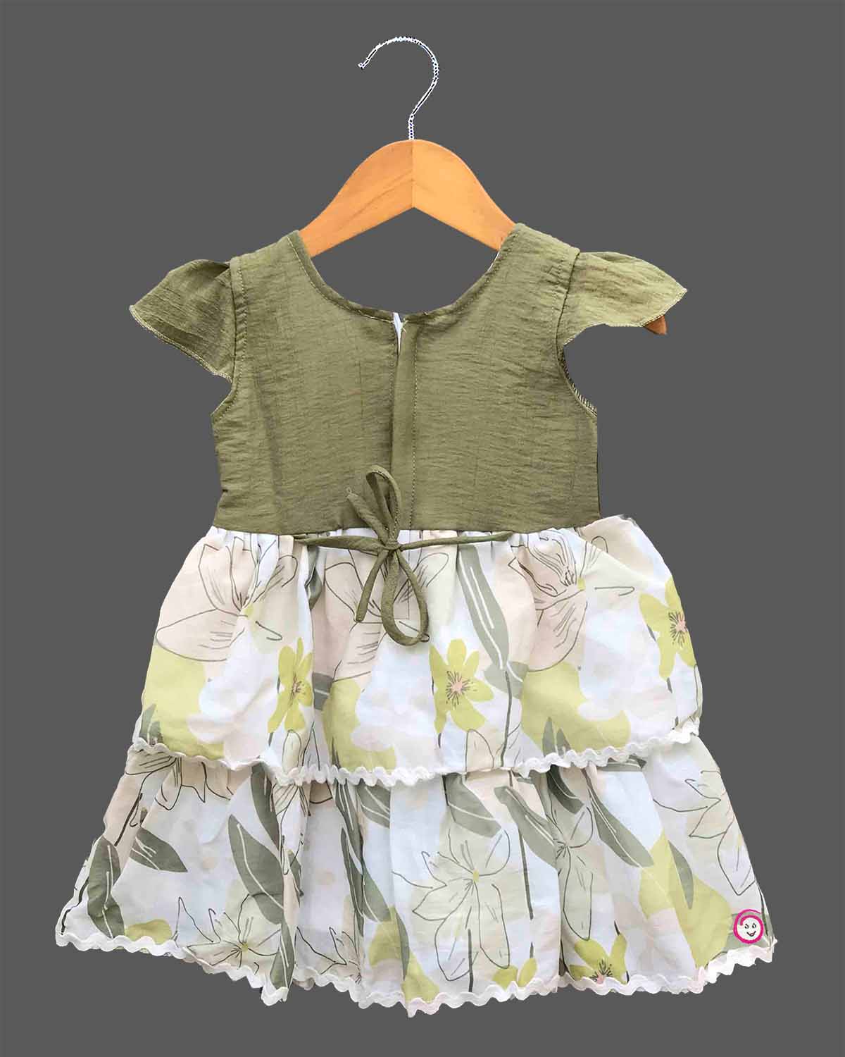 Baby girl tiered cotton casual frock with crochet floral applique and cap sleeves