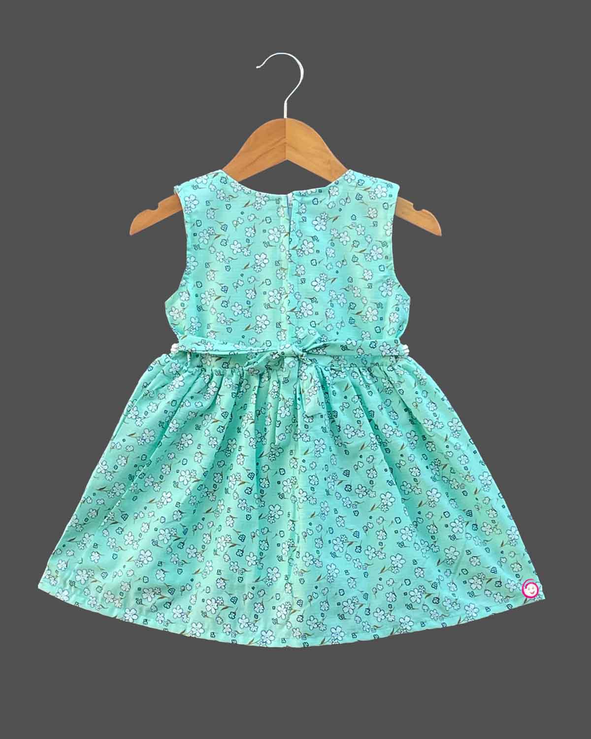 Girls round neck with full printed designs frock - Sea Green 