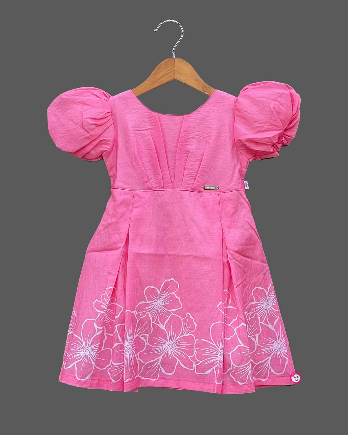 Pink floral cotton dress with puff sleeves for young girls casual wear