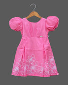 Pink floral cotton dress with puff sleeves for young girls casual wear