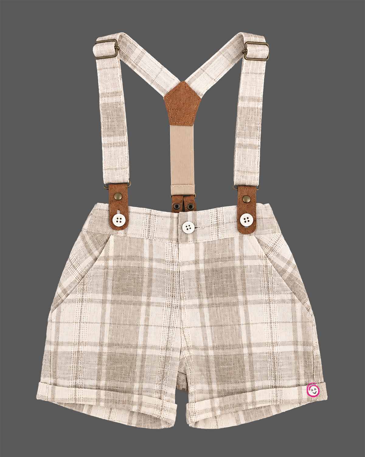 Boys suspender set with animal print polo shirt bow tie and checked shorts