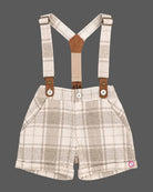 Boys suspender set with animal print polo shirt bow tie and checked shorts