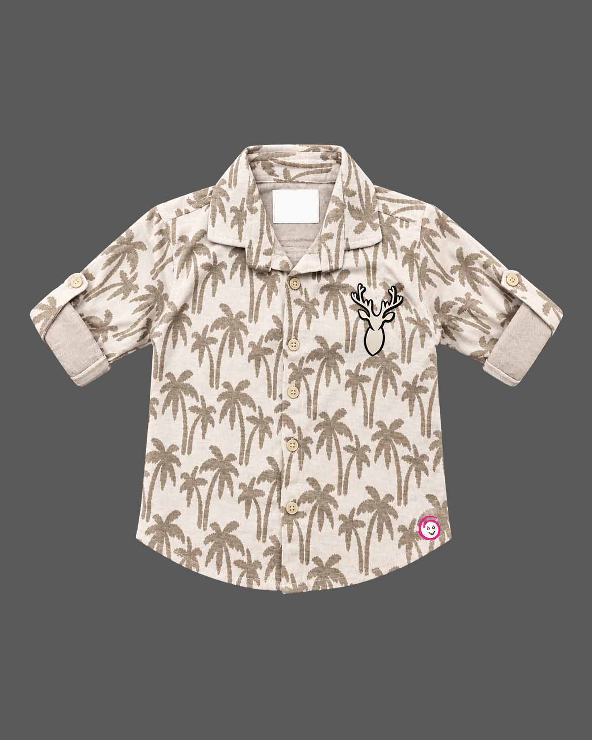 Boys button-down shirt and cargo pant set designed as party wear for boys with tropical print and chest embroidery.