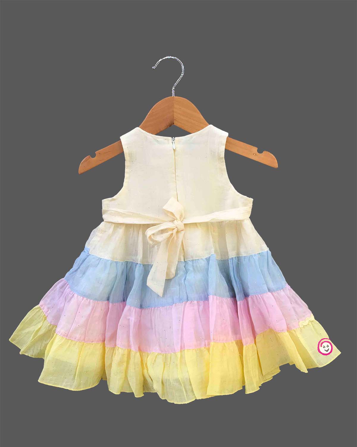 Toddler cream cotton casual dress with pastel multicolor tiered ruffles