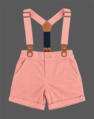 Baby boy farm print collared shirt with bowtie and pink suspender shorts dress for infant