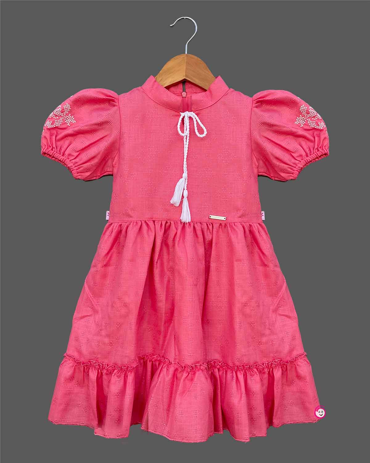 Pink toddler cotton frock with puff sleeves and Collar neck for girls
