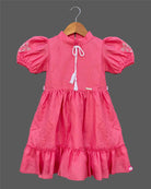 Pink toddler cotton frock with puff sleeves and Collar neck for girls