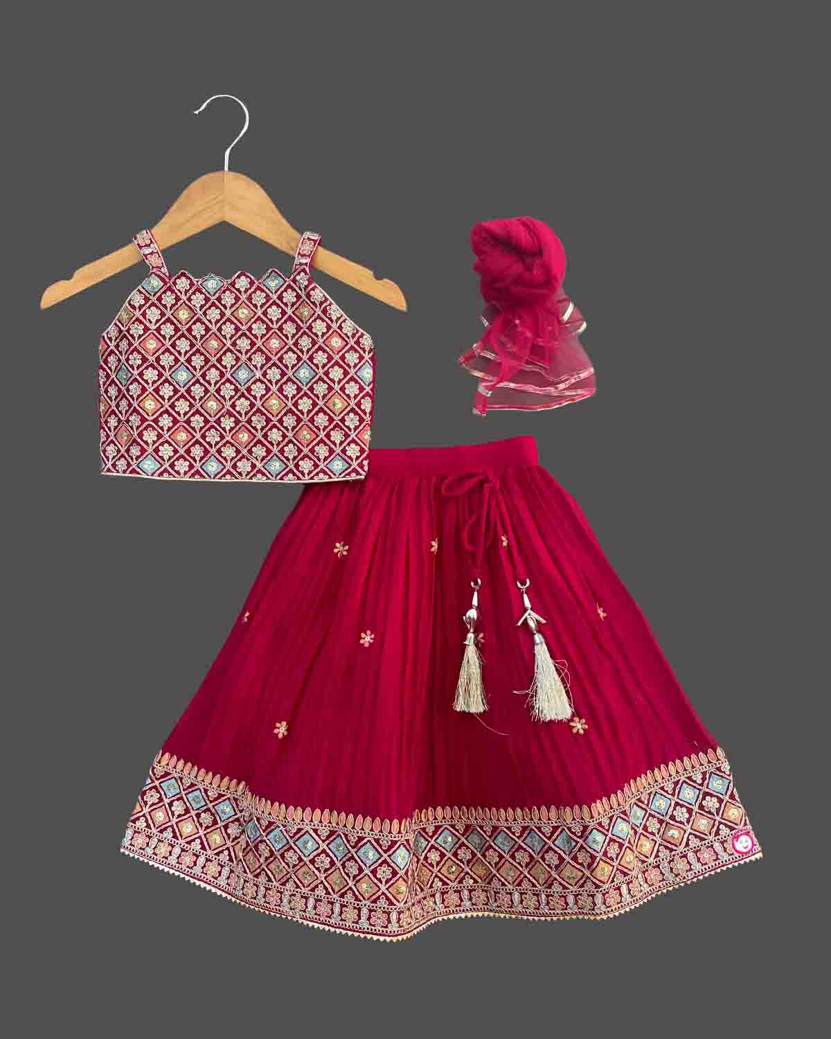 Girls sequin work ethnic choli set - Dark Pink