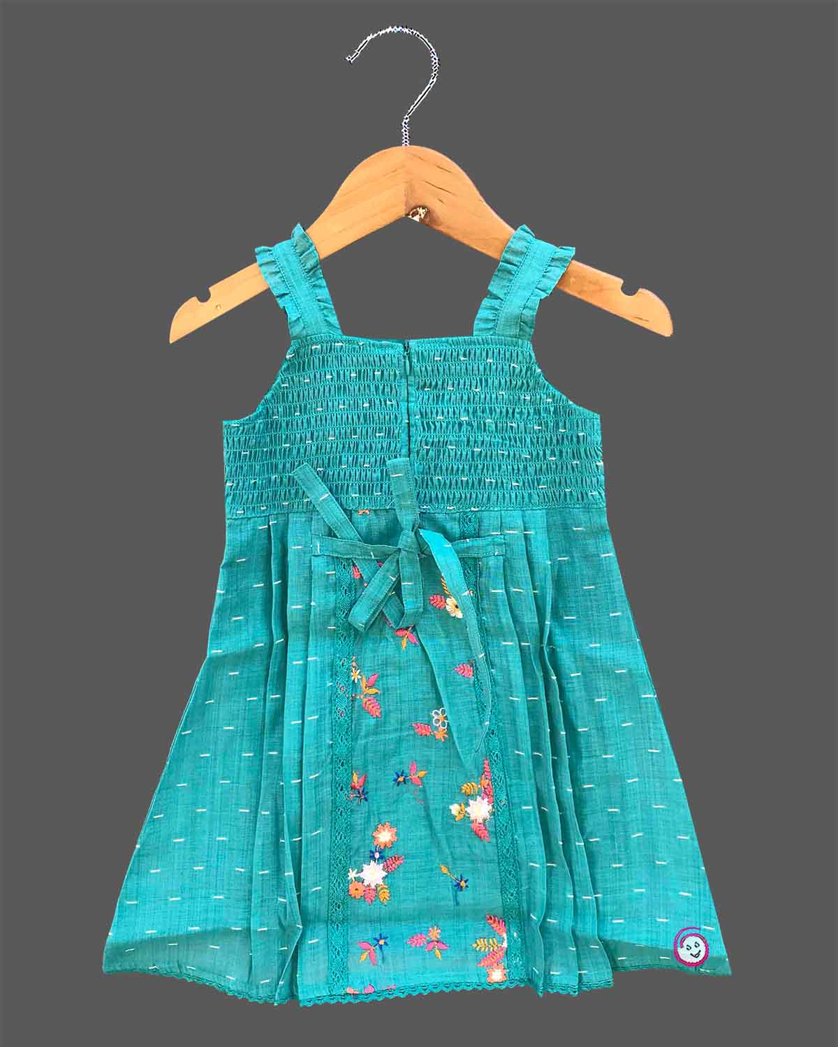 Baby girl embroidered cotton frock with ruffled straps and lace trims for birthday party and festive gathering