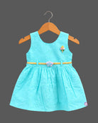 Sleeveless cotton embroidered baby casual wear dress with waist belt detail