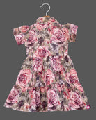 Girls floral printed half sleeve casual frock - Dark Green