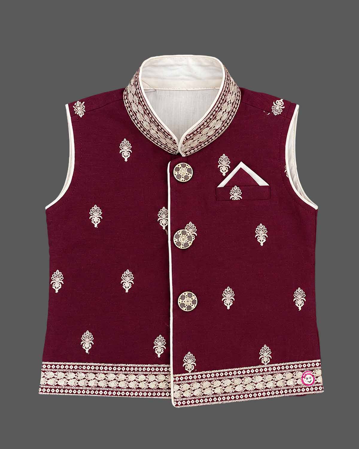 Dhoti Set For Boys with embroidered collar, shoulder motifs, angled button placket and dhoti