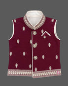 Dhoti Set For Boys with embroidered collar, shoulder motifs, angled button placket and dhoti