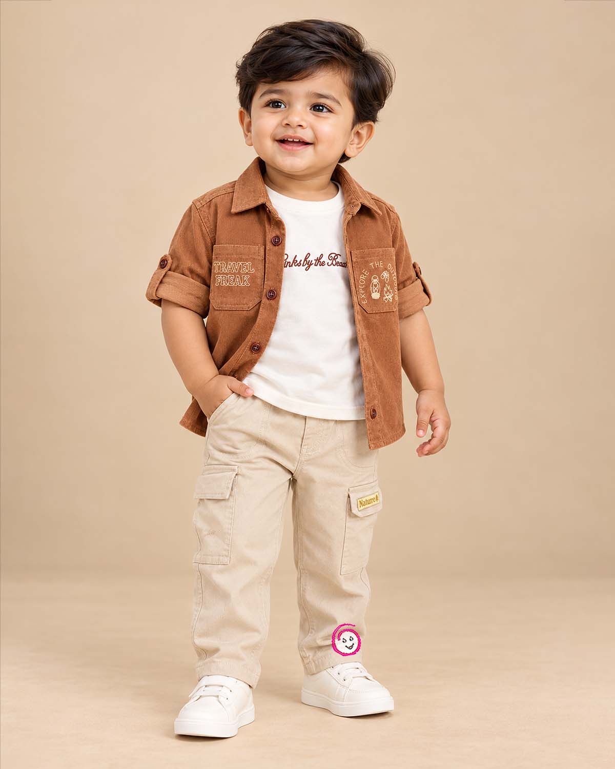 Toddler boy co-ord set featuring button-down corduroy shirt and utility cargo pants