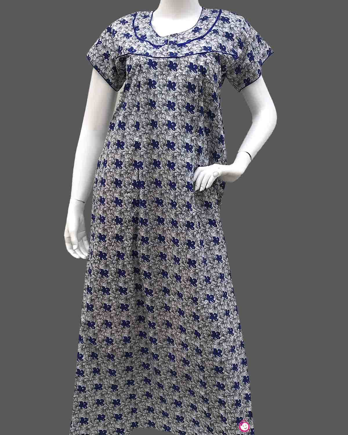 Maternity overall floral printed half sleeve nighty with side zip - Blue