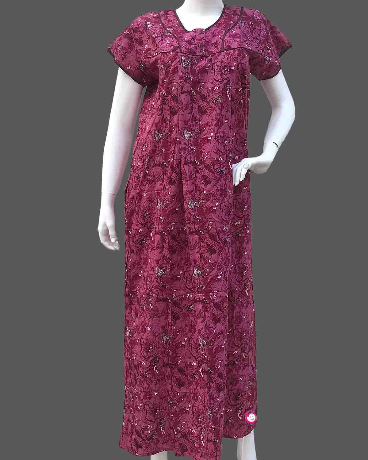 Maternity overall floral printed half sleeve nighty with side zip - Rose Pink