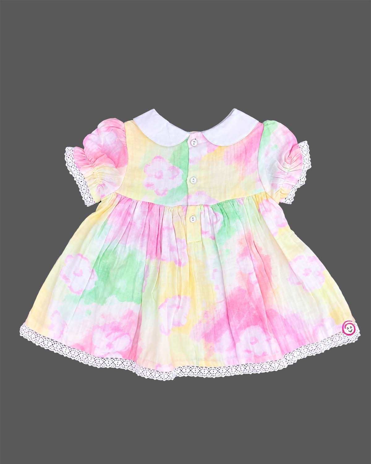 Multicolor infants frock with round neck and white lace trim