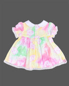 Multicolor infants frock with round neck and white lace trim