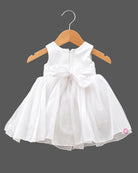 Infant girl sleeveless party frock with large front bow, beaded waistband, and pearl embellished neckline for special occasions