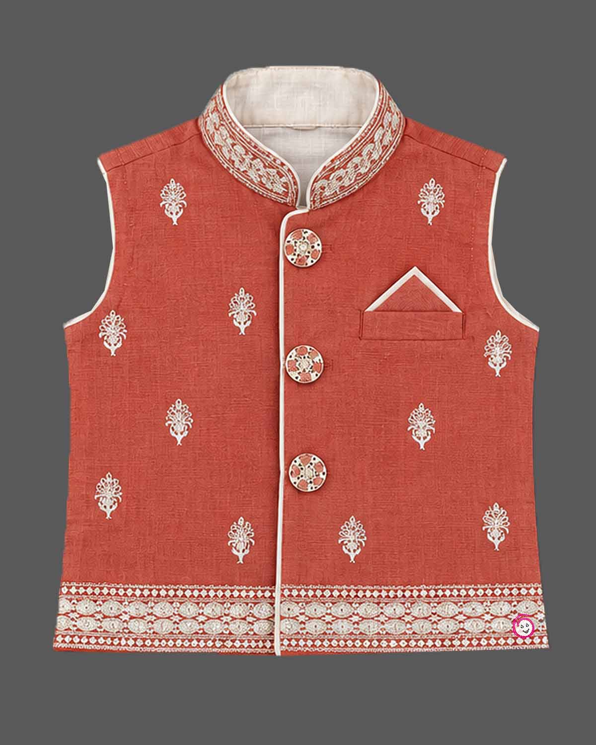 Dhoti Set For Boys with floral embroidery, collar, pocket square and pre-stitched dhoti