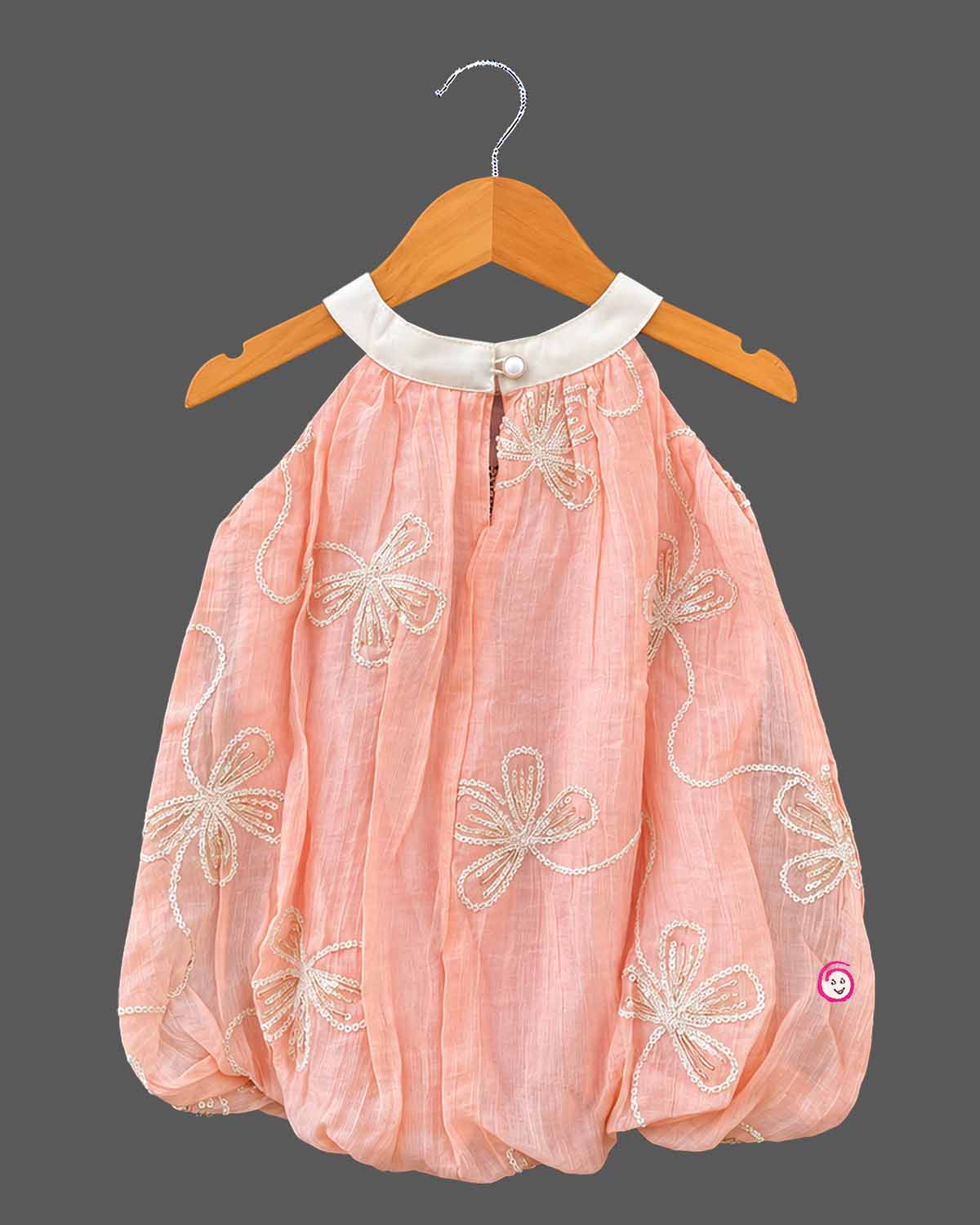 Baby girl lehenga style bubble dress featuring halter neck and sequin floral embroidery