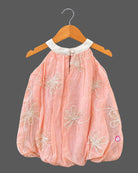 Baby girl lehenga style bubble dress featuring halter neck and sequin floral embroidery