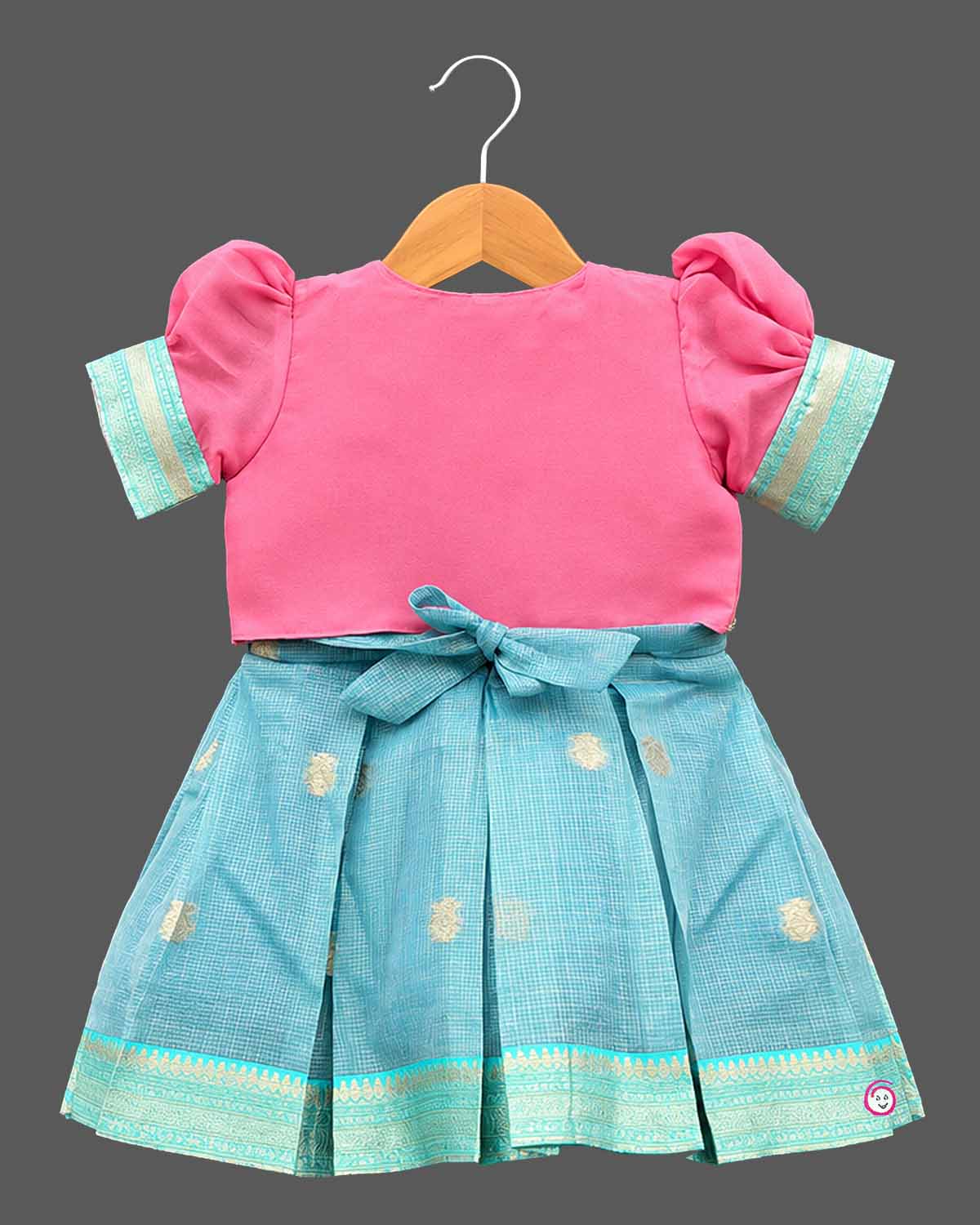 Toddler silk cotton frock baby girl featuring layered bolero jacket, puffed sleeves, and pleated brocade skirt. 