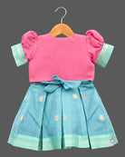 Toddler silk cotton frock baby girl featuring layered bolero jacket, puffed sleeves, and pleated brocade skirt. 