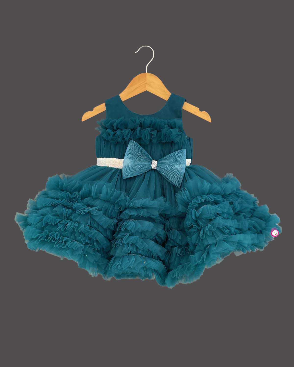 Girls bow applique party frock - Dark Green