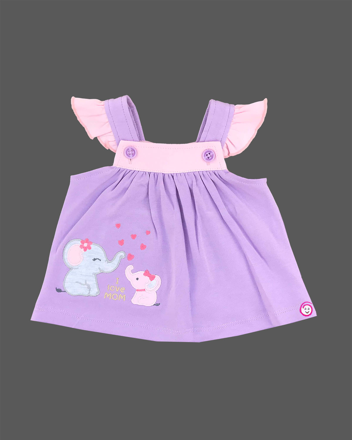 Lavender purple baby girl pinafore dress with I Love Mom elephant embroidery and pink frill sleeve elephant print top