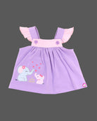 Lavender purple baby girl pinafore dress with I Love Mom elephant embroidery and pink frill sleeve elephant print top