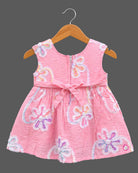 Baby girls sleeveless textured cotton frock with sequin floral embroidery and gathered waistline