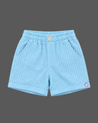 Co-ord set for baby boy featuring button-down collar shirt and short set with embroidered bear applique.