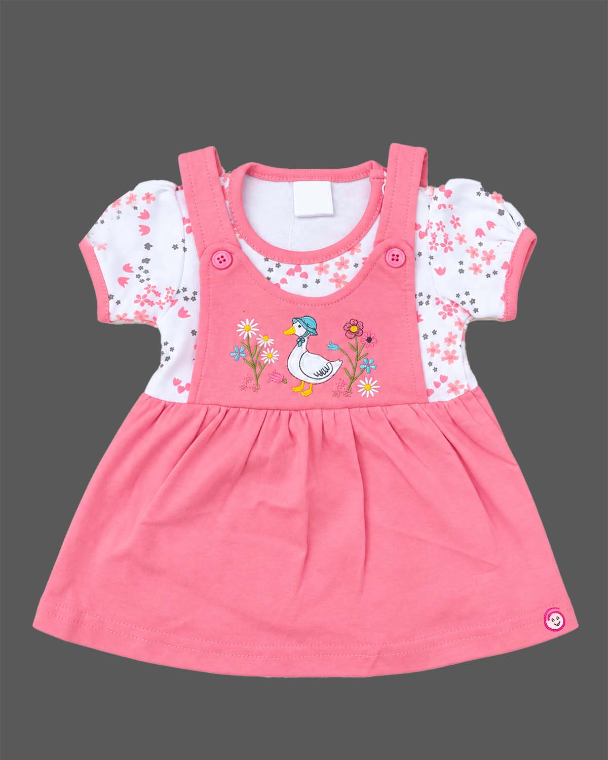 Baby girl casual cotton frock with embroidered bib detail and puff short sleeve