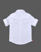 Embroidered button-down party wear for boys with front embroidery motifs and roll-up sleeves.